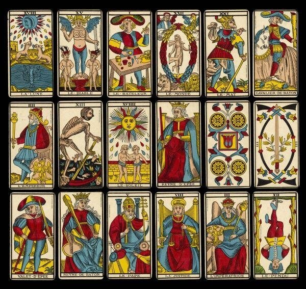 Selection of tarot cards from traditional Marseille pack