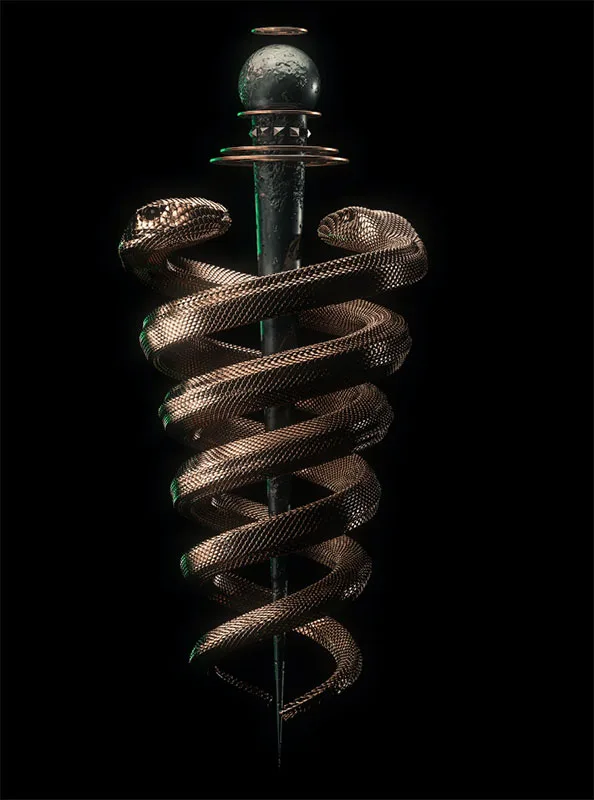 caduceus entwined snakes on black background