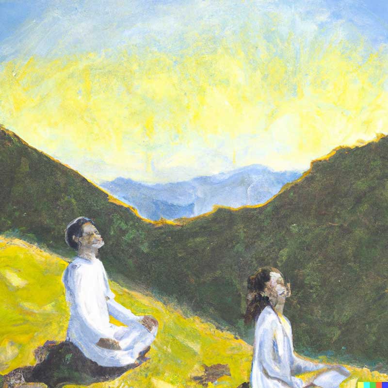 Painting of a couple practicing yogic breathing on a hillside