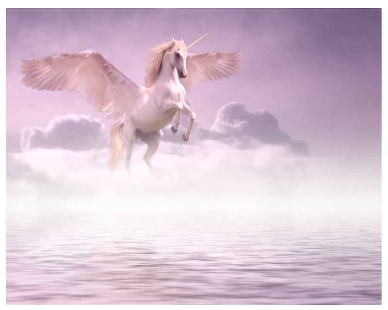 White Unicorn hovering above a lake