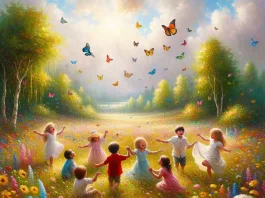 Joyous children and butterflies
