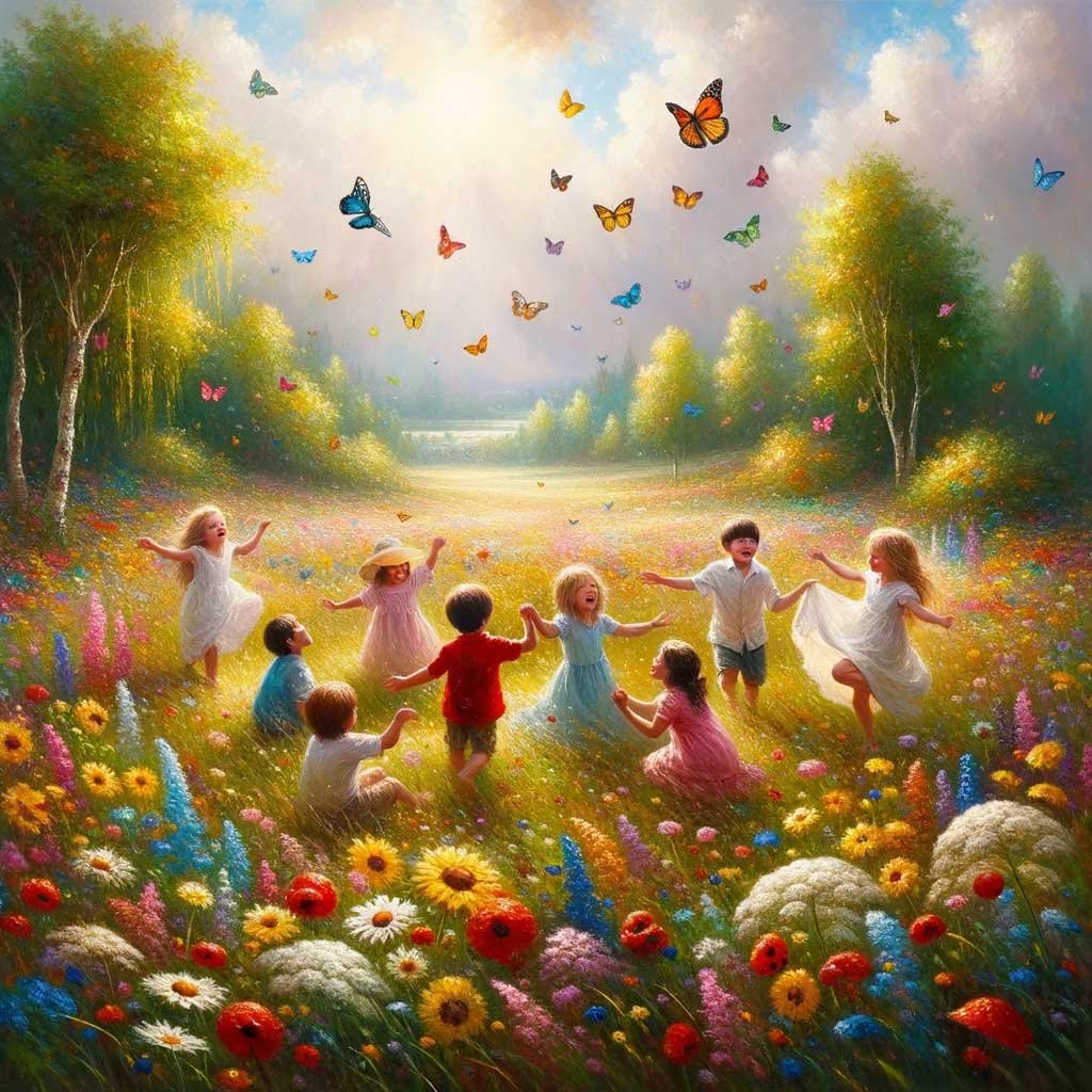 Joyous children and butterflies